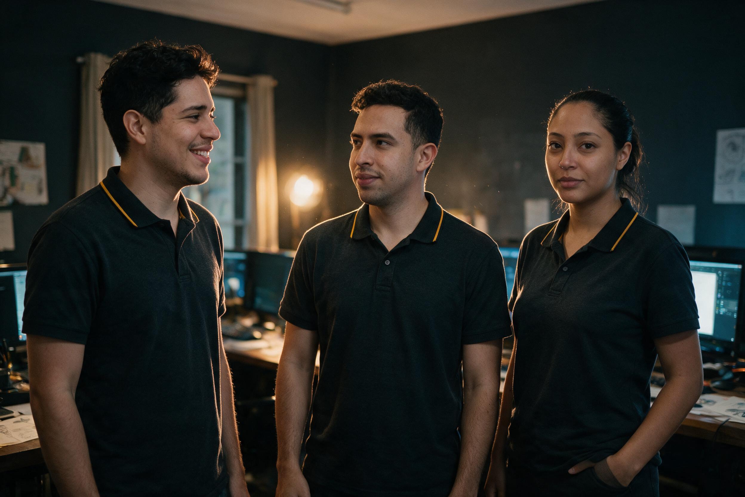 Os três sócios da Brainstorm no estúdio, de polo preta com friso amarelo